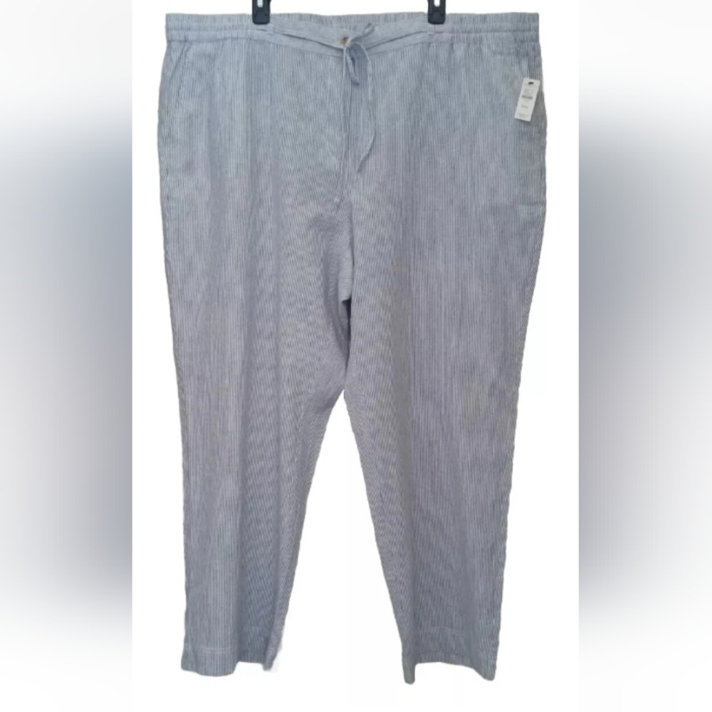New Talbots Plus Linen Blend Pull On Pants Womens Size 24W Blue White Striped